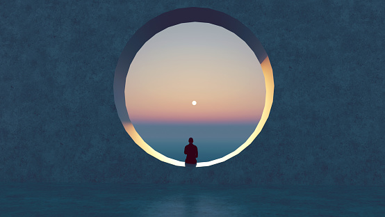 Digitally generated image of man looking at the sunset in the horizon through a big round open window in a wall.