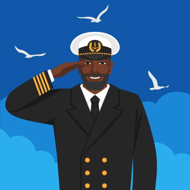 illustrazioni stock, clip art, cartoni animati e icone di tendenza di capitano nero maschio di nave mare in uniforme salutando - saluting sailor armed forces men