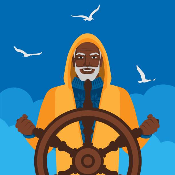 Black male fisherman at helm against cloudy sky and seagulls. Vector illustration