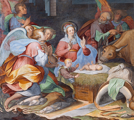 Como - The fresco of Nativity in church Basilica di San Fedele by unknown artist of 16. cent.