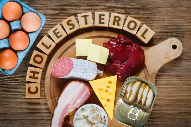High-Cholesterol foods as eggs, liver, yellow cheese, butter, bacon, lard with onion, sardines in oil. Wooden table as background