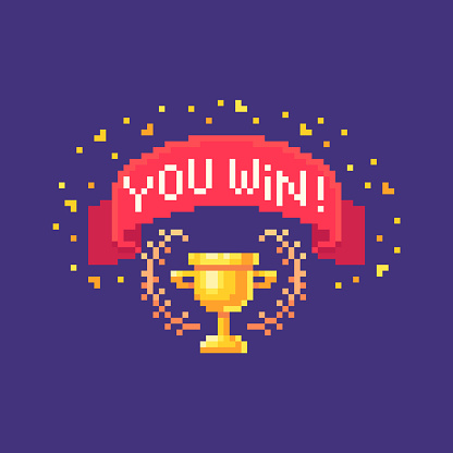 Pixel art GUI sign with red ribbon and gold cup. Web page banner with phrase You Win. Vector illustration.