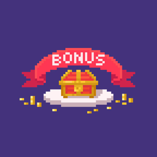 Pixel art GUI sign with red ribbon and treasure chest. Pixel art GUI sign with red ribbon and treasure chest. Web page banner with phrase Bonus. Vector illustration. video game banners stock illustrations