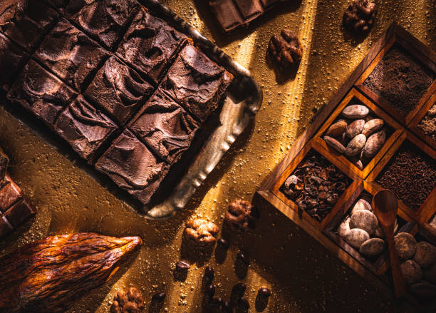 Brownie chocolate cake on golden background with cocoa pod and chocolate box in moody dark light