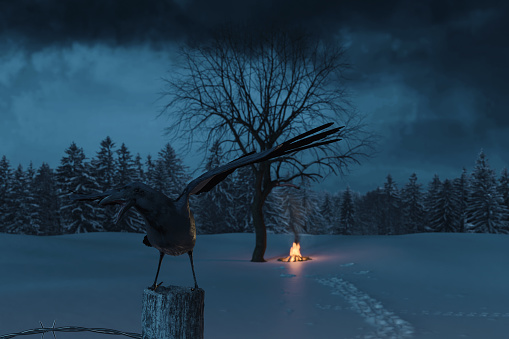 3d rendering of yelling crow on wooden stack in front of snow covered field and bonfire