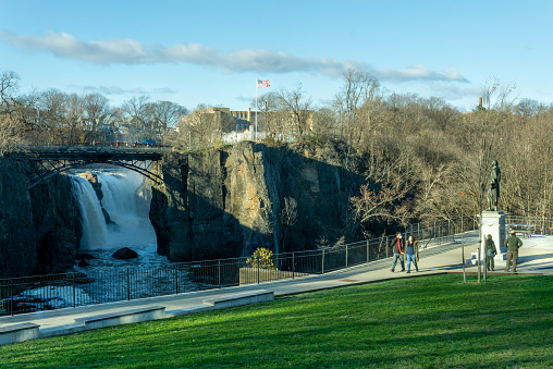 Paterson, NJ - USA - Dec. 6, 2020: Landscape view of the Great Falls of the Passaic River. A prominent waterfall, 77 feet high, on the Passaic River in the city of Paterson in Passaic County.
