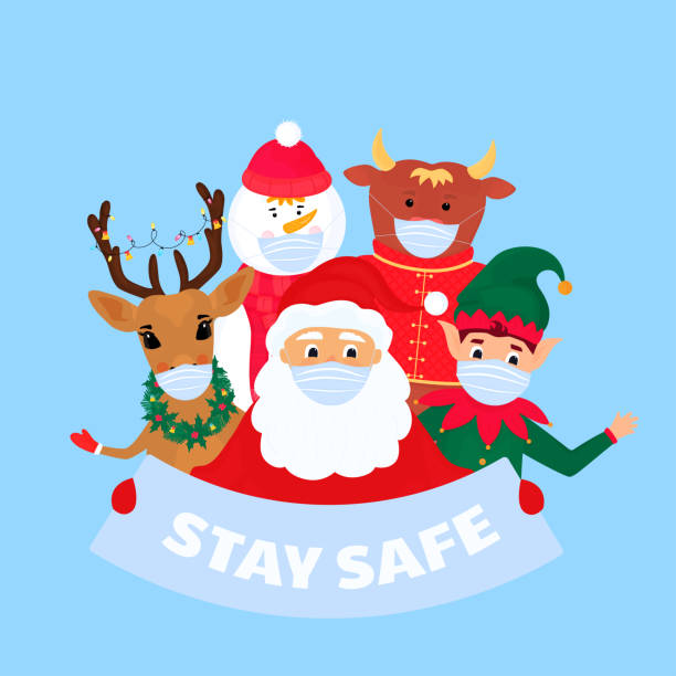 istock Santa Claus, deer, snowman, elf, bull wear protective face masks. Stay safe banner 1289942701