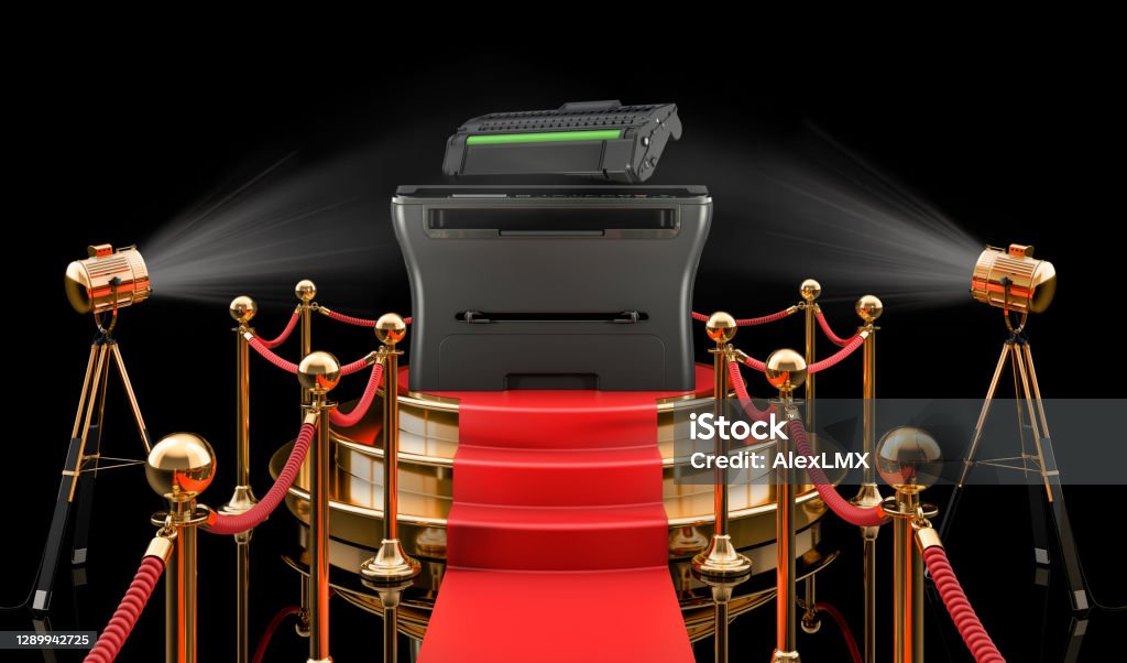 Podium with multifunction printer MFP, 3D rendering isolated on black background Equipment Stock Photo