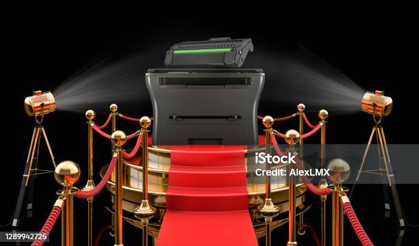 Podium With Multifunction Printer Mfp 3d Rendering Isolated On Black Background Stock Photo - Download Image Now