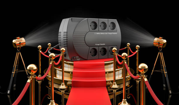 istock Podium with uninterruptible power supply, UPS. 3D rendering isolated on black background 1289942733