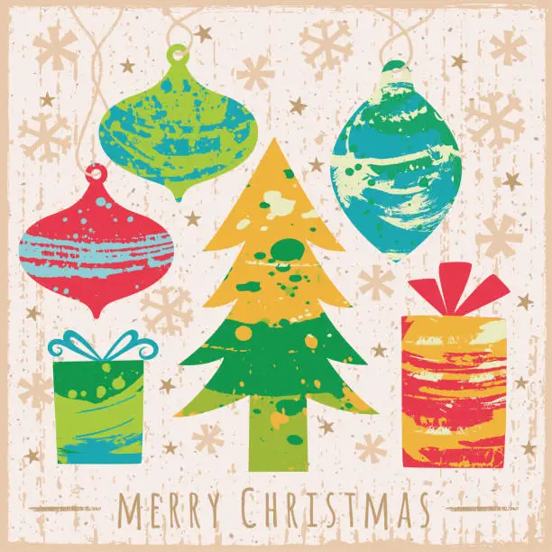 Vector illustration of Merry Christmas hand-painted greeting card - square format