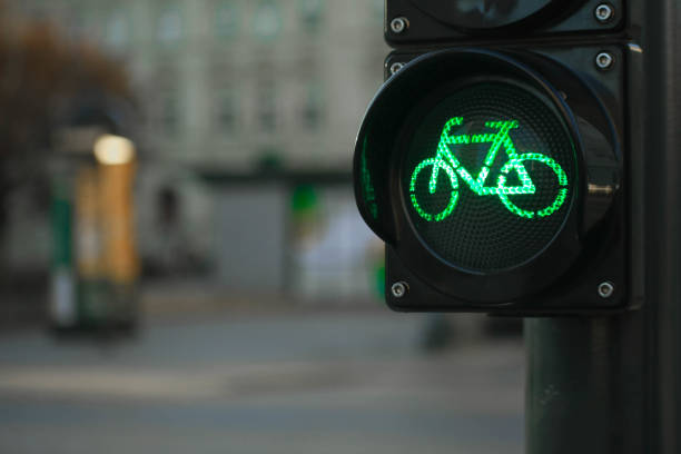 istock Sustainable transport. Bicycle traffic signal, green light 1289946504
