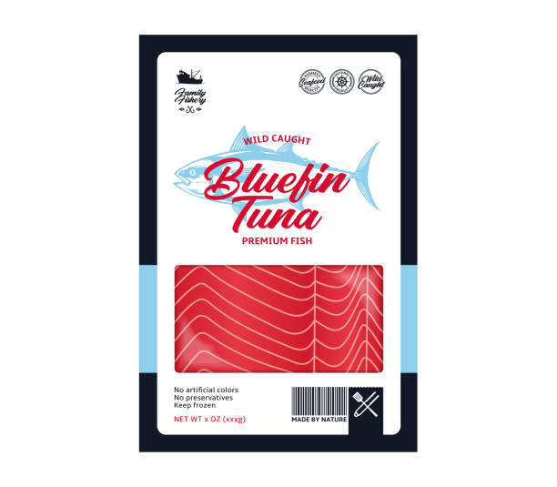 illustrations, cliparts, dessins animés et icônes de conception vectorielle d’empaquetage de thon - tuna tuna steak raw bluefin tuna