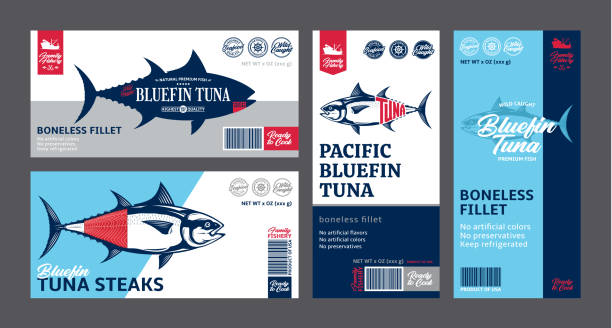 Vector tuna labels and design elements Vector pollock labels and packaging design concepts. Alaska pollock fish illustrations. Flat style seafood labels for groceries, fisheries, packaging, and advertising commercial tuna fishing stock illustrations