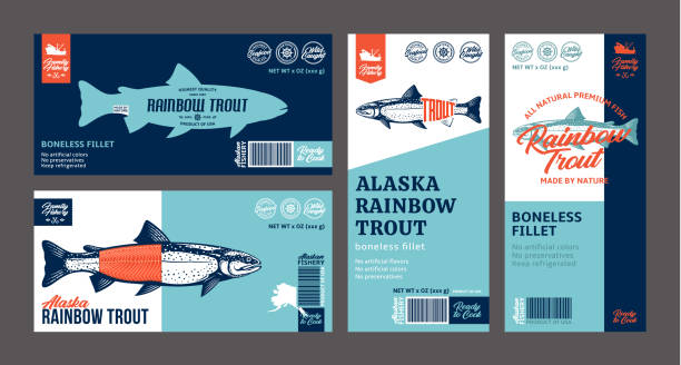ilustrações de stock, clip art, desenhos animados e ícones de vector trout labels and design elements - fish seafood prepared fish nautical vessel