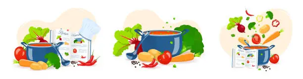 Vector illustration of Set of cooking soup. Pan with soup, Recipe book and Vegetables. Recipes, homemade food, food preparation, learning concept.