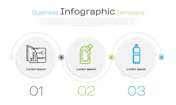 Vector illustration of Set line Electric iron and towel , Plastic bottles for liquid dishwashing liquid and Plastic bottles for liquid dishwashing liquid. Business infographic template. Vector