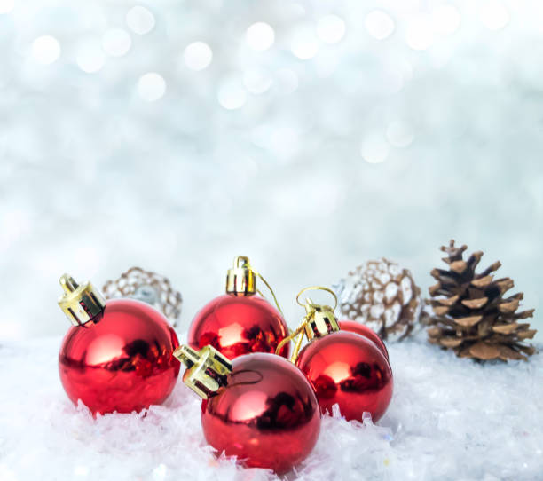 istock Christmas ornaments with pines on the back on snow 1289949301