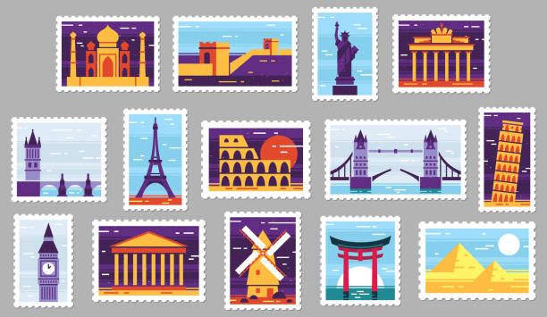 ilustraciones, imágenes clip art, dibujos animados e iconos de stock de las ciudades del mundo publican sellos. diseño de sello de franqueo de viaje, postal de atracciones de la ciudad y conjunto de ilustración vectorial de la ciudad - monument