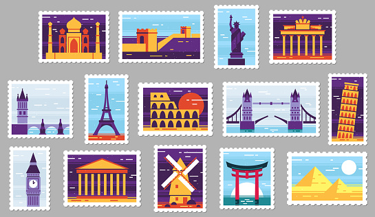 World cities post stamps. Travel postage stamp design, city attractions postcard and town. Monuments post letter stamping, travelling mail stamps. Isolated vector illustration icons set