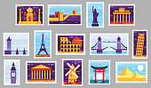 World cities post stamps. Travel postage stamp design, city attractions postcard and town vector illustration set