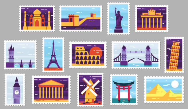 World cities post stamps. Travel postage stamp design, city attractions postcard and town vector illustration set World cities post stamps. Travel postage stamp design, city attractions postcard and town. Monuments post letter stamping, travelling mail stamps. Isolated vector illustration icons set unesco world heritage site stock illustrations