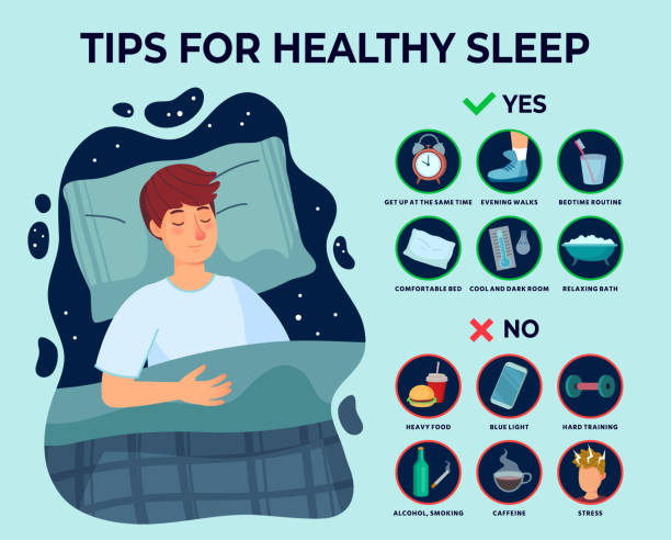 건강한 수면 팁 인포그래픽. 불면증의 원인, 좋은 수면 규칙과 남자는 베개 벡터 일러스트에 자 - sleep stock illustrations