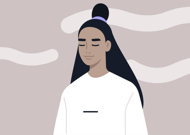 Head in the clouds, a portrait of a young female character daydreaming, mindfulness, meditation, and mental health balance Head in the clouds, a portrait of a young female character daydreaming, mindfulness, meditation, and mental health balance relieved face stock illustrations