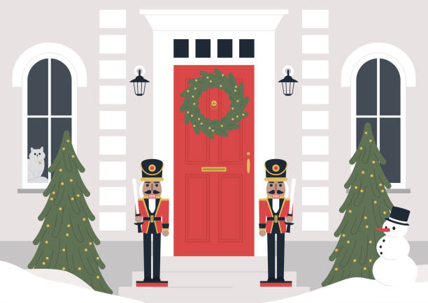 stockillustraties, clipart, cartoons en iconen met een verfraaide de bouwingang, een krans van kerstmis op de deur, een kerstboom, notenkrakerstandbeelden, een concept van de de de wintervakantie - xmas tree