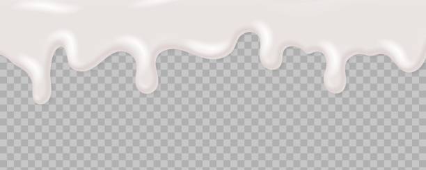 istock Realistic liquid yoghurt cream. Decorating desserts, sweet cakes with glaze. Dripping syrup. White chocolate leaking on transparent background. Vector mockup for decoration packaging 1289955017