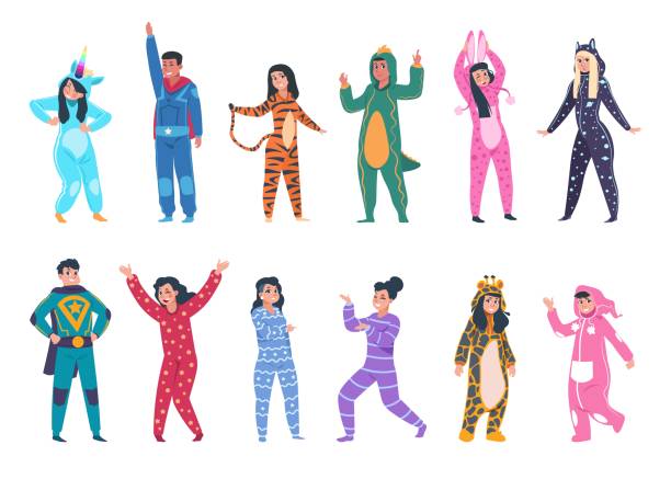 People in pajamas. Cartoon men and women wear cozy clothes for sleeping. Isolated funny suits with animalistic prints, superheroes and fiction characters costumes. Vector overalls set People in pajamas. Cartoon young men and women wear cozy clothes for sleeping. Isolated funny suits with animalistic prints, superheroes and fiction characters costumes. Colorful overalls, vector set pajamas illustrations stock illustrations