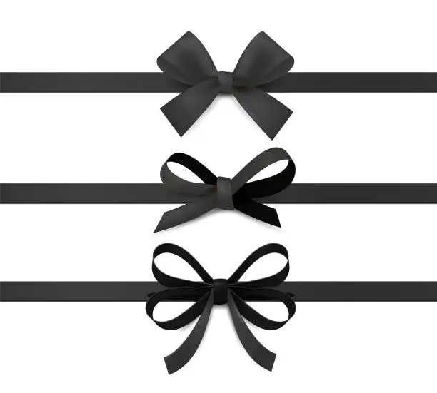 Vector illustration of Black ribbon bows. Silk ribbons with decorative bow gift decoration collection. Realistic elegant festive tape for black friday and gothic presents wrapping vector isolated set