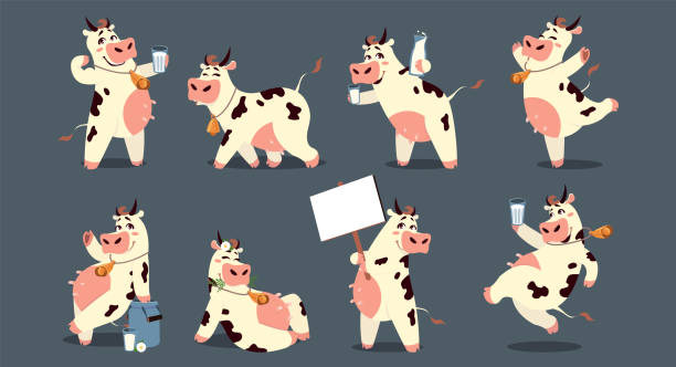 Cartoon cow. Funny smiling domestic animal. Cute friendly mascot with metal bell and glass of milk. Mammal holding blank billboard with copy space. Vector dairy products talismans set Cartoon cow. Funny smiling domestic animal character. Cute friendly mascot with metal bell and glass of milk. Comic mammal holding blank billboard with copy space. Vector dairy products talismans set barren cow stock illustrations