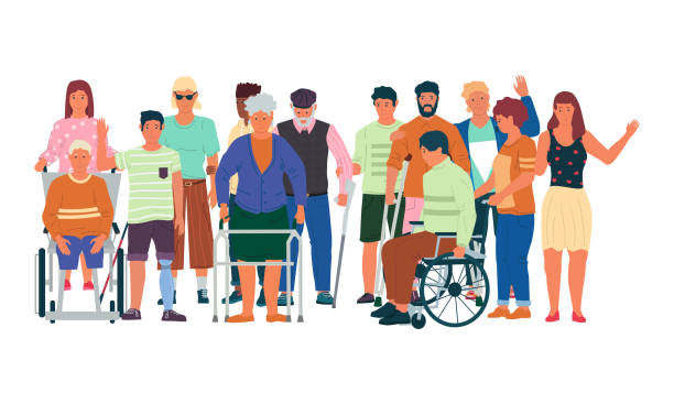 illustrazioni stock, clip art, cartoni animati e icone di tendenza di disabili diversi. uomini e donne minorati con lesioni fisiche, mobilità ridotta. trattamento e riabilitazione, sostegno alle disabilità umane. illustrazione dell'assistenza sanitaria vettoriale - men crutch isolated support