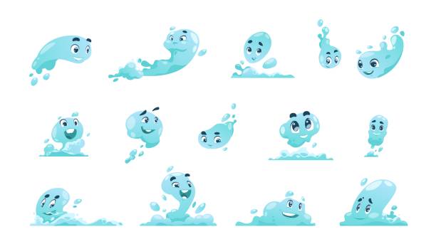 illustrations, cliparts, dessins animés et icônes de mascotte de l’eau. éclaboussure liquide de dessin animé avec des visages anthropomorphes. gouttes et vagues de liquide bleu. talismans drôles, repos de bord de mer ou publicité de parc aquatique. modèle vectoriel de logo pour la boisson - drop water cartoon raindrop