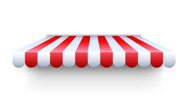istock Stripe awning. Realistic red and white cafe tent. Canopy for protection from sun and rain or snow. Building exterior, shop roof. Decorative facade element. Vector showcase overhang 1289955099