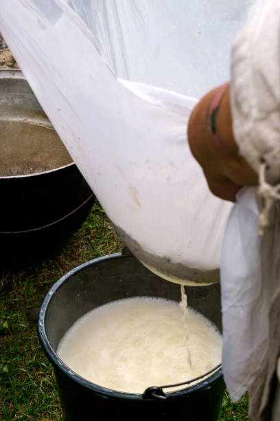 istock Homemade cheese production in a large cauldron over a fire. 1289955264