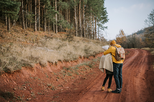 Rear view of young couple hiking in the woods and hugging.