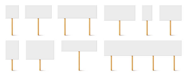 istock Blank protest sign with wooden holder. Realistic vector demonstration banner. Strike action cardboard placard mockup 1289956336