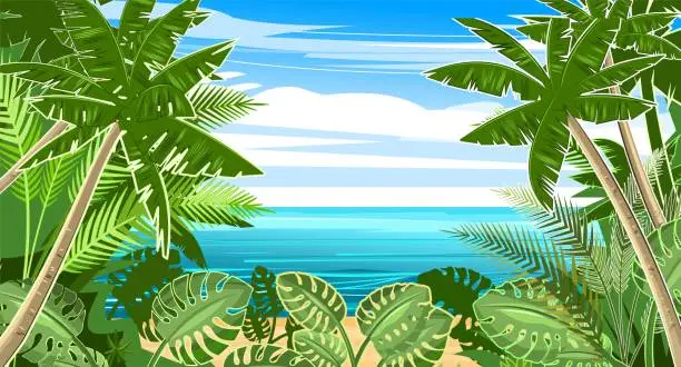 Vector illustration of Tropical landscape with sea and jungle. Plants, shrubs and palms. Sky. Cartoon flat style. Mountains on the horizon. Background illustration. Vector