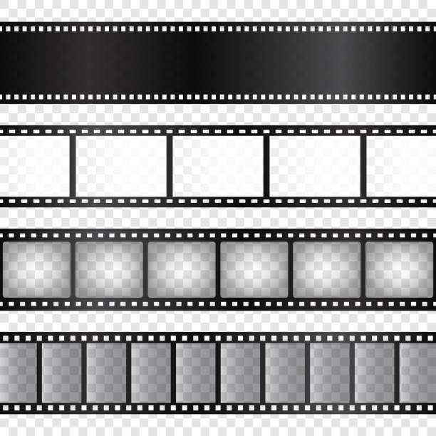 Realistic film strips collection. Old retro cinema movie strip. Vector illustration. Video recording Realistic film strips collection. Old retro cinema movie strip. Vector illustration. Video recording rolled up photos stock illustrations