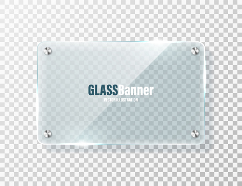 Glass frame with metal holder. Realistic transparent glass banner with glare. Mockup design element. Vector illustration