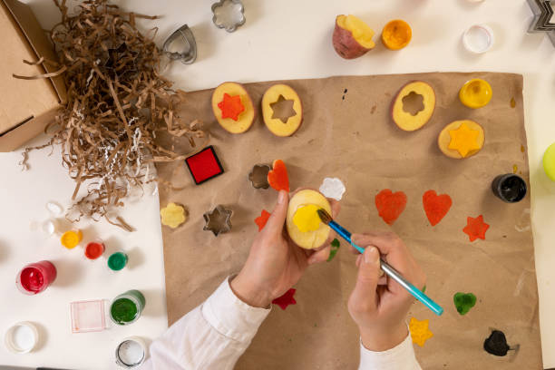 istock Print Potato Stamps. handmade gift wrapping with an exclusive print pattern. 1289959145