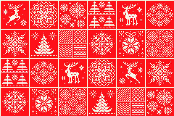 Christmas Checkered Pixel Pattern with a Winter Holiday Symbols.  Reindeer, Elk, Christmas Trees and Snowflakes Ornaments. Scheme for Knitted Sweater Pattern Design. Patchwork Quilt Imitation. Christmas Checkered Pixel Pattern with a Winter Holiday Symbols.  Reindeer, Elk, Christmas Trees and Snowflakes Ornaments. Scheme for Knitted Sweater Pattern Design. Patchwork Quilt Imitation christmas pattern pixel stock illustrations