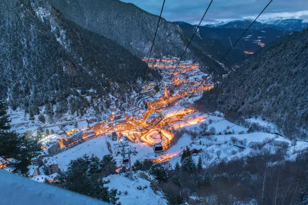 Cityscape of Arinsal, La Massana, Andorra in winter.