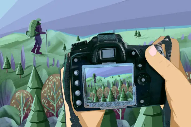 Vector illustration of Photograph taking photo of a hiker in the nature