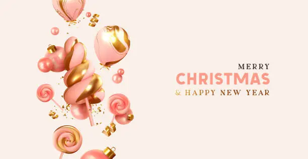 Vector illustration of Merry Christmas and Happy New Year. Xmas Festive background with realistic 3d objects, pink helium balloons, decor bauble balls, candy cane on stick, rose color. Levitation falling design composition.