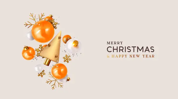Vector illustration of Merry Christmas and Happy New Year. Xmas Festive background with realistic 3d objects, orange and white bauble balls, conical metal christmas tree Gold snowflake. Levitation falling design composition