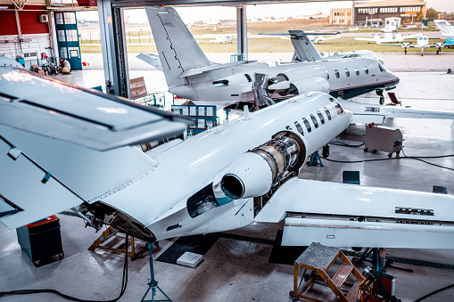 The usual scenery of maintenance of the private airplane in the hangar before the flights.