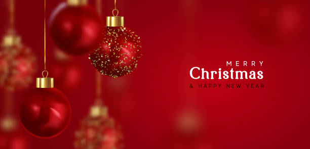 istock Christmas balls. Happy New Year and Merry Christmas. Background with realistic 3d red Xmas bauble balls hanging on ribbon. vector illustration 1289962483